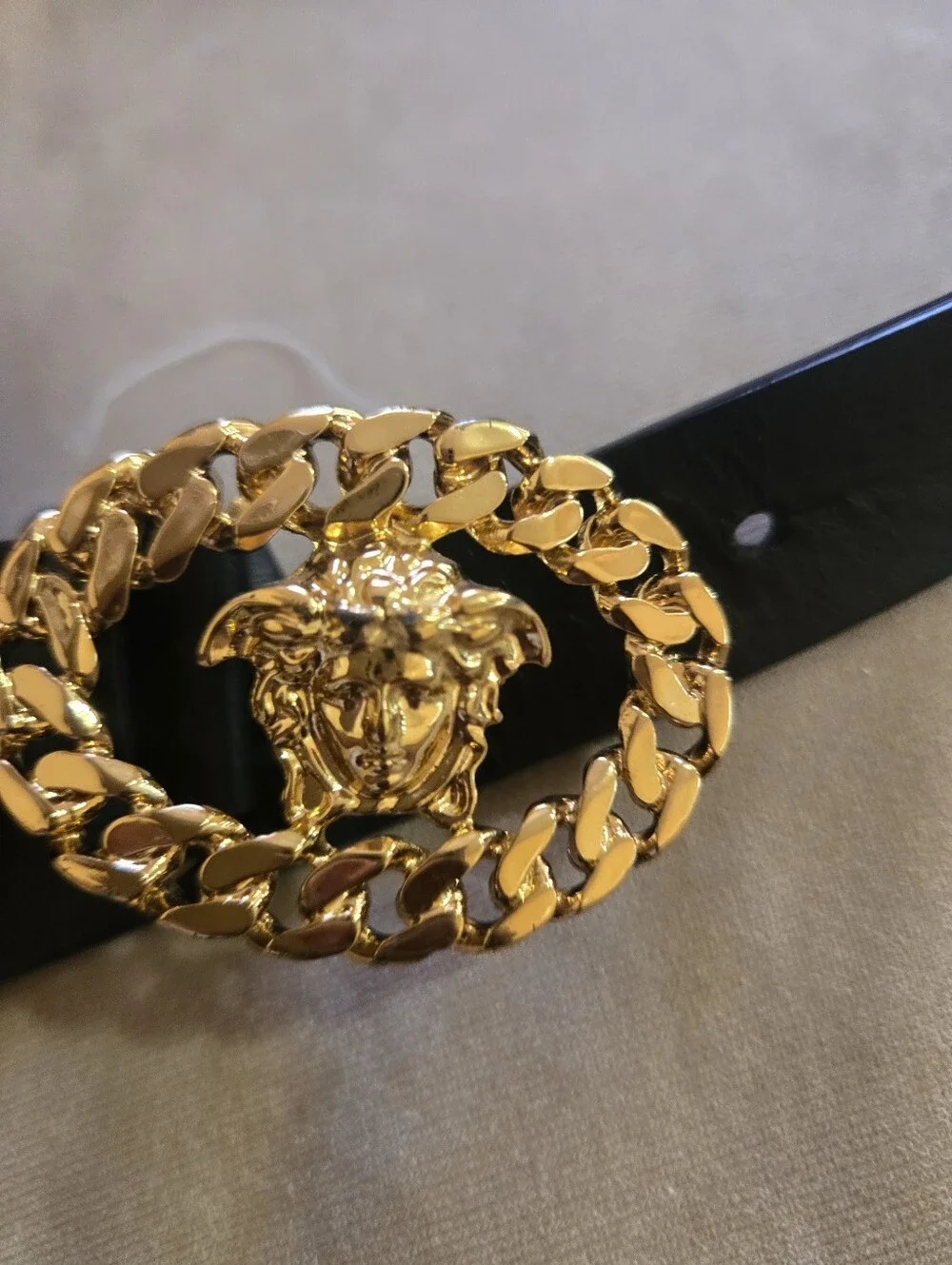 Gold Medusa Chain Buckle Black Leather Belt - Kids Versace